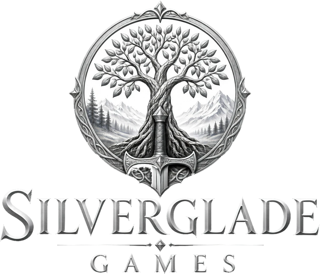 Silverglade Games: a silver tree in a ring, with a sword and a mountain glade